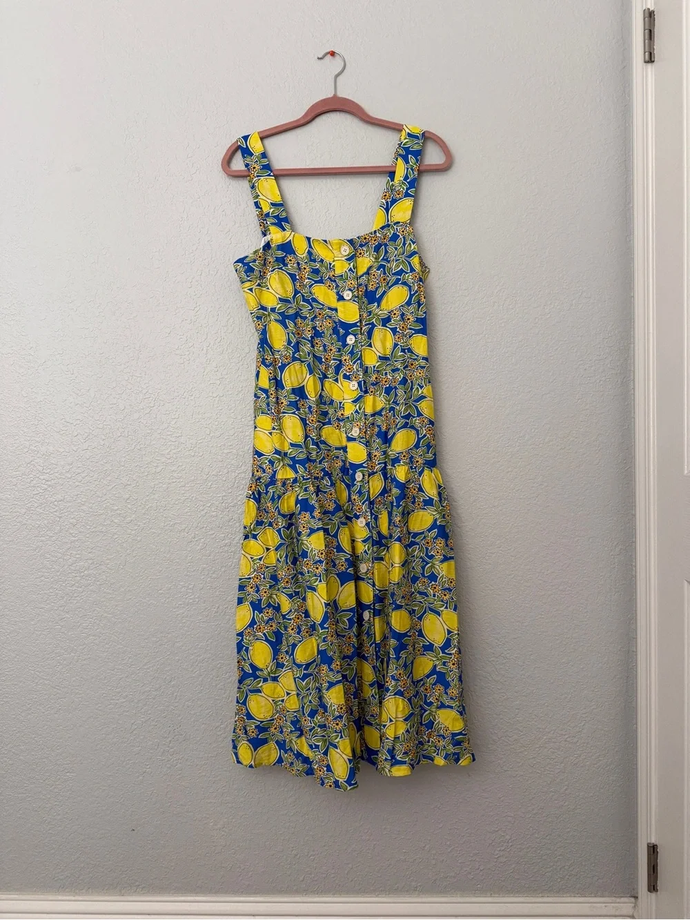 NWOT Yellow & Blue Lemon-Print Midi Dress with Tie Waist - Picture 4 of 16